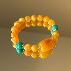 Honey Beeswax Amber & Turquoise Statement Bracelet 10mm